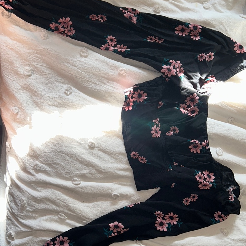 Black with pink flowers long sleeve cropped shirt
